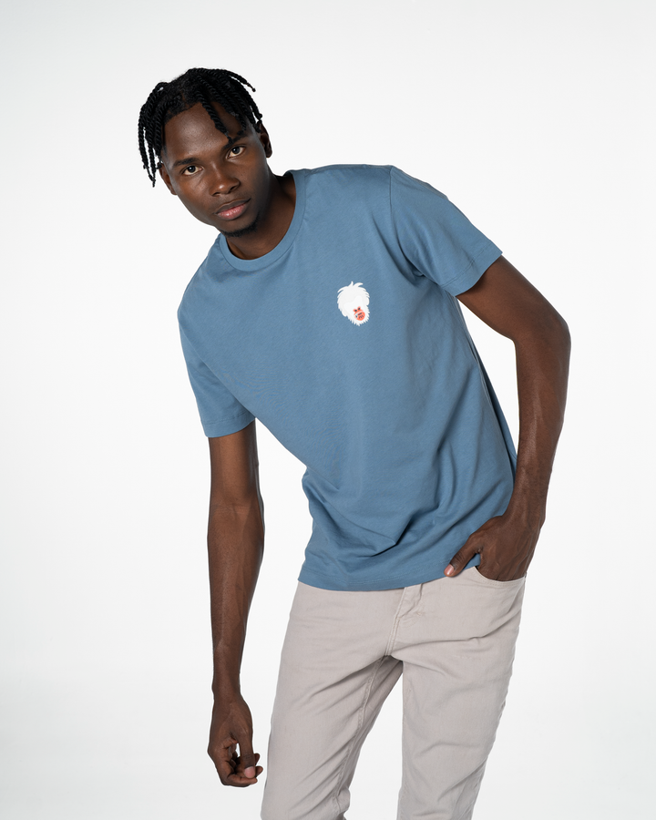 Person wearing a blue t-shirt with a Master Monkey logo on a white background #color_steel-blue