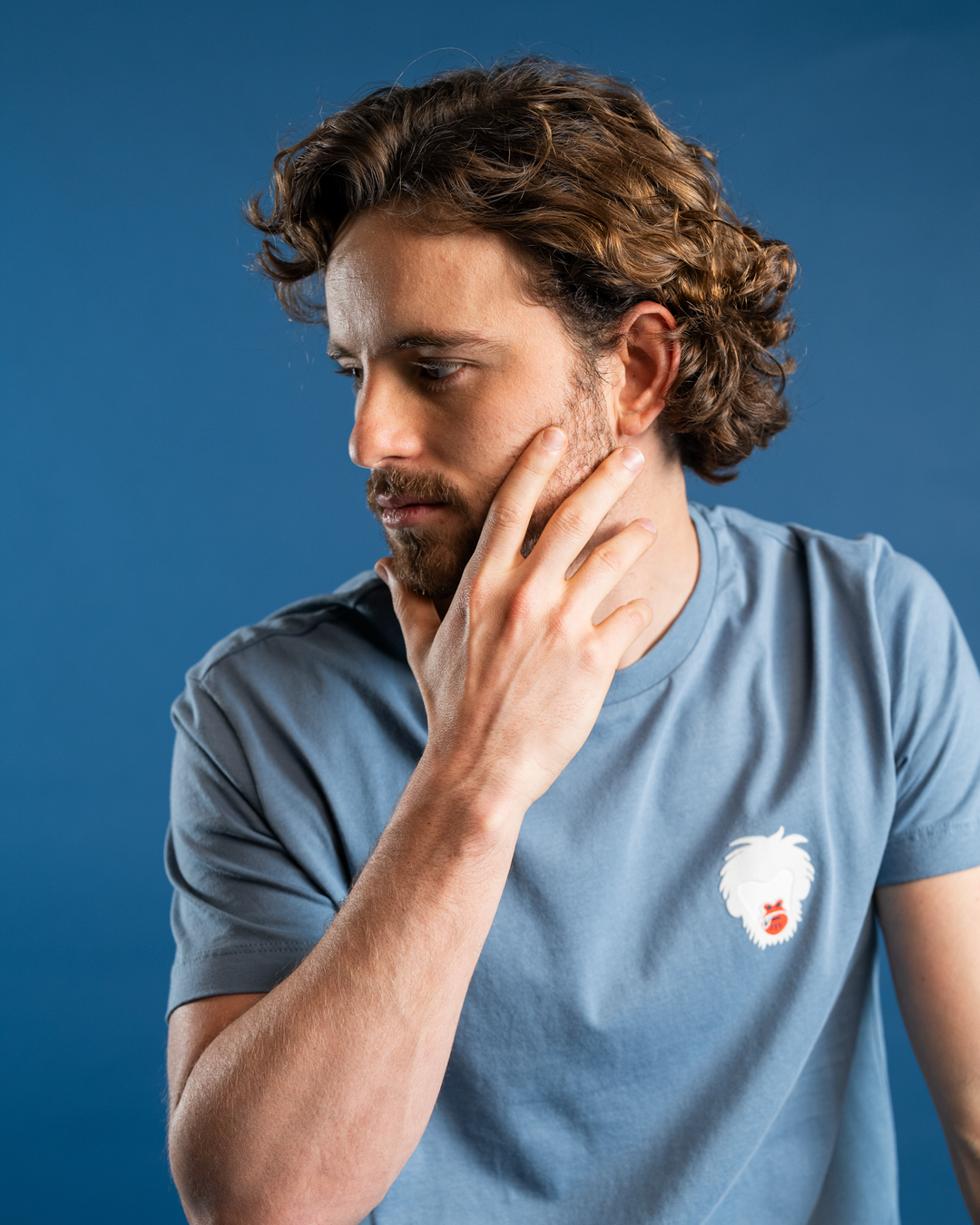 Man wearing a blue t-shirt with a Master Monkey logo against a blue background #color_steel-blue
