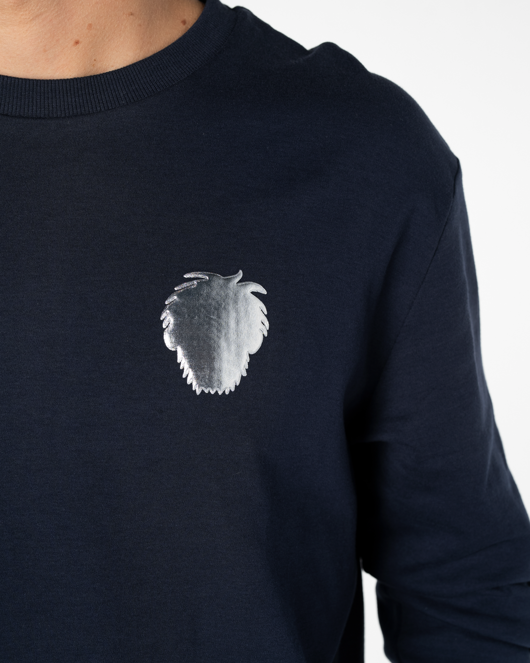 Navy blue sweatshirt with a silver foil Master Monkey design on a plain background #color_midnight