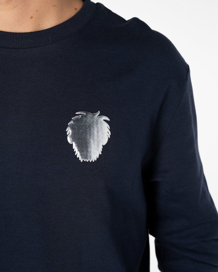 Navy blue sweatshirt with a silver foil Master Monkey design on a plain background #color_midnight