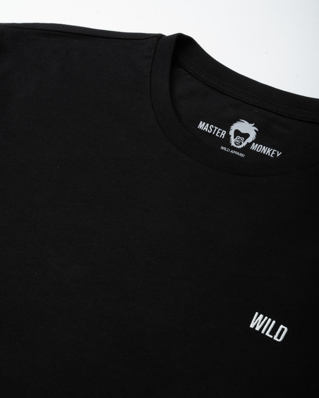 Black t-shirt with 'Master of Monkey' logo and 'WILD' text on a white background #color_black