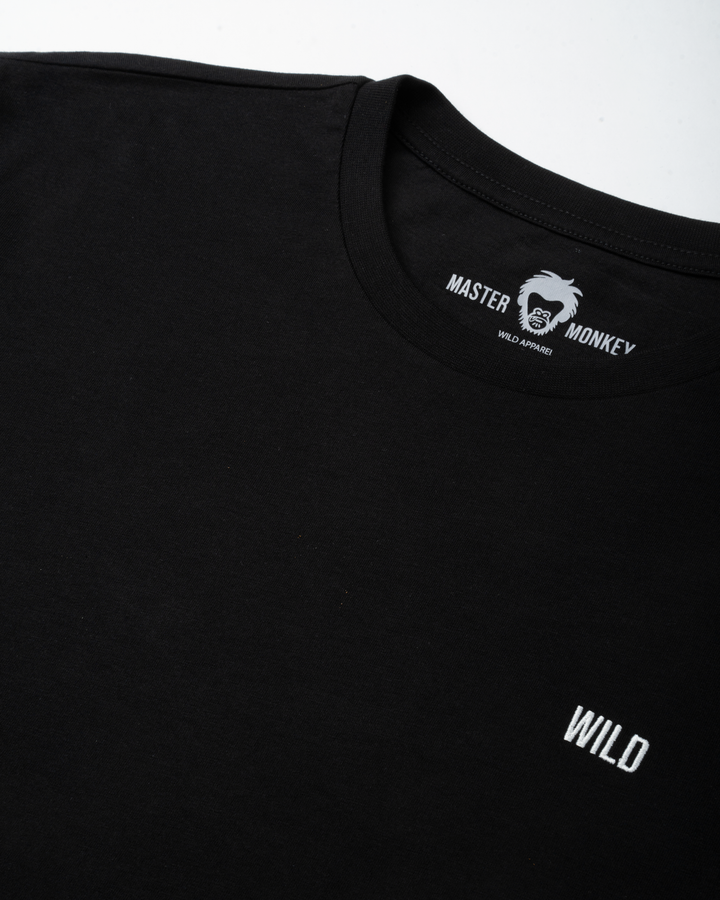Black t-shirt with 'Master of Monkey' logo and 'WILD' text on a white background #color_black