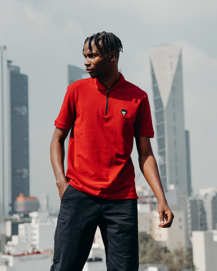 Person wearing a red polo shirt with a city skyline in the background #color_brick