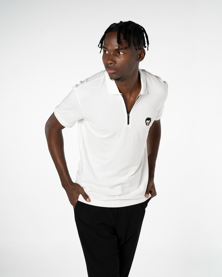 Master Monkey polo in White, with a zipper front and the embroidered Master Monkey logo on wearer's chest #color_white
