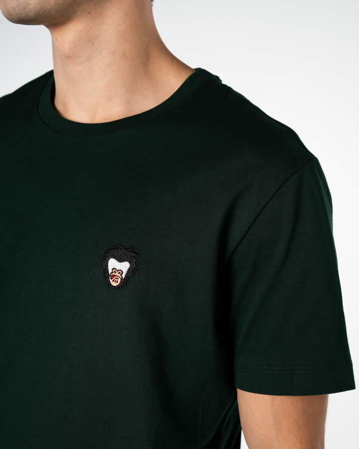 Black t-shirt with a small embroidered design on a plain background #color_gunmetal-green